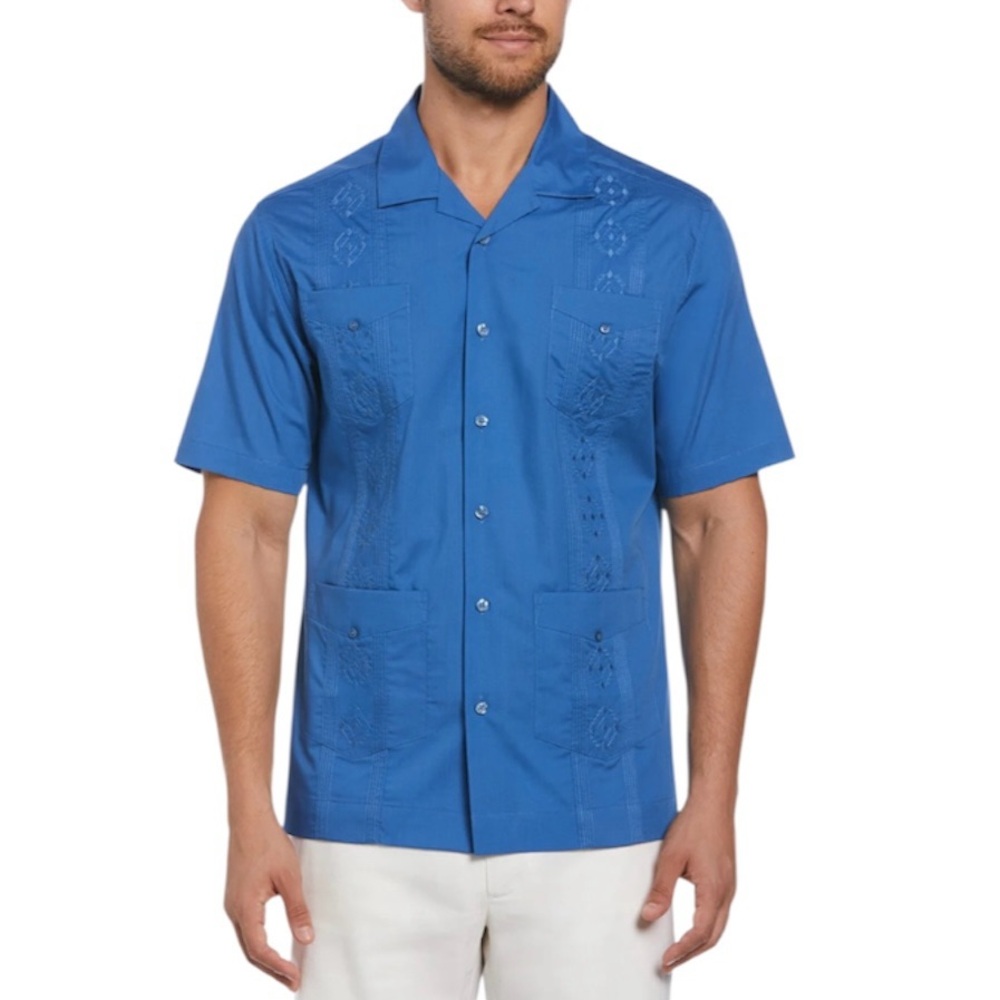 Cubavera | Blue Embroidered Guayabera Button Down Short Sleeve Shirt Size L